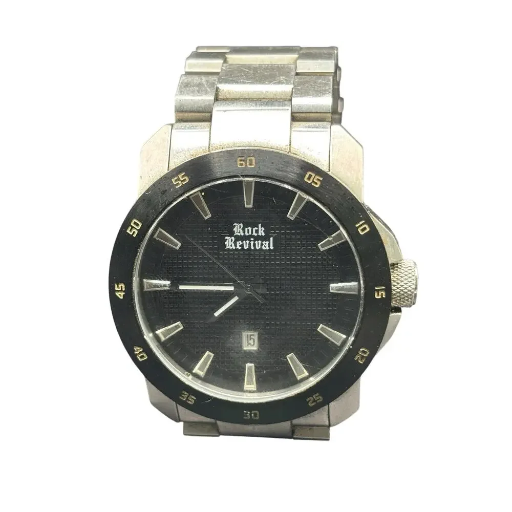 Rock Revival Mens Stainless Steel Heavy Watch New Battery Time And Date
